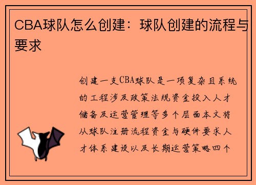 CBA球队怎么创建：球队创建的流程与要求
